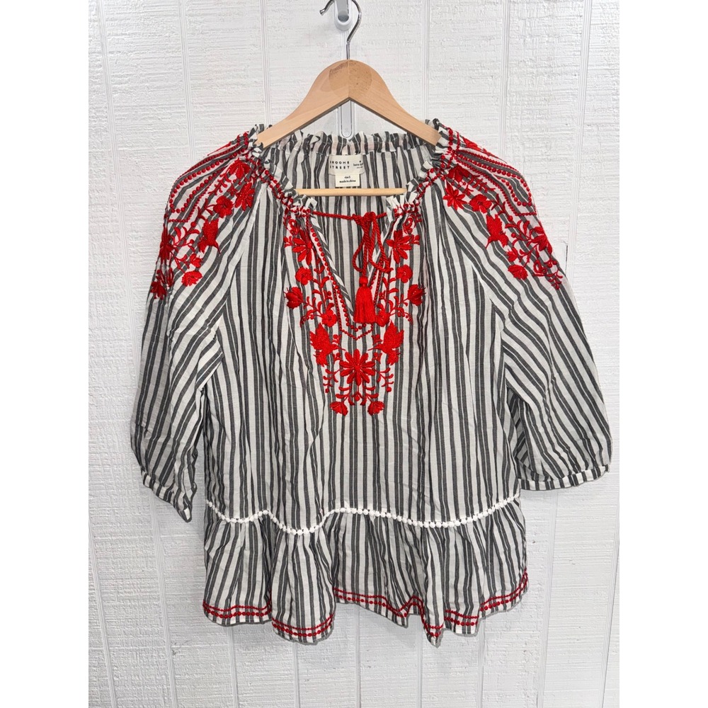 Kate Spade Broome Street Blouse Womens Small Black White Striped Embroidered S